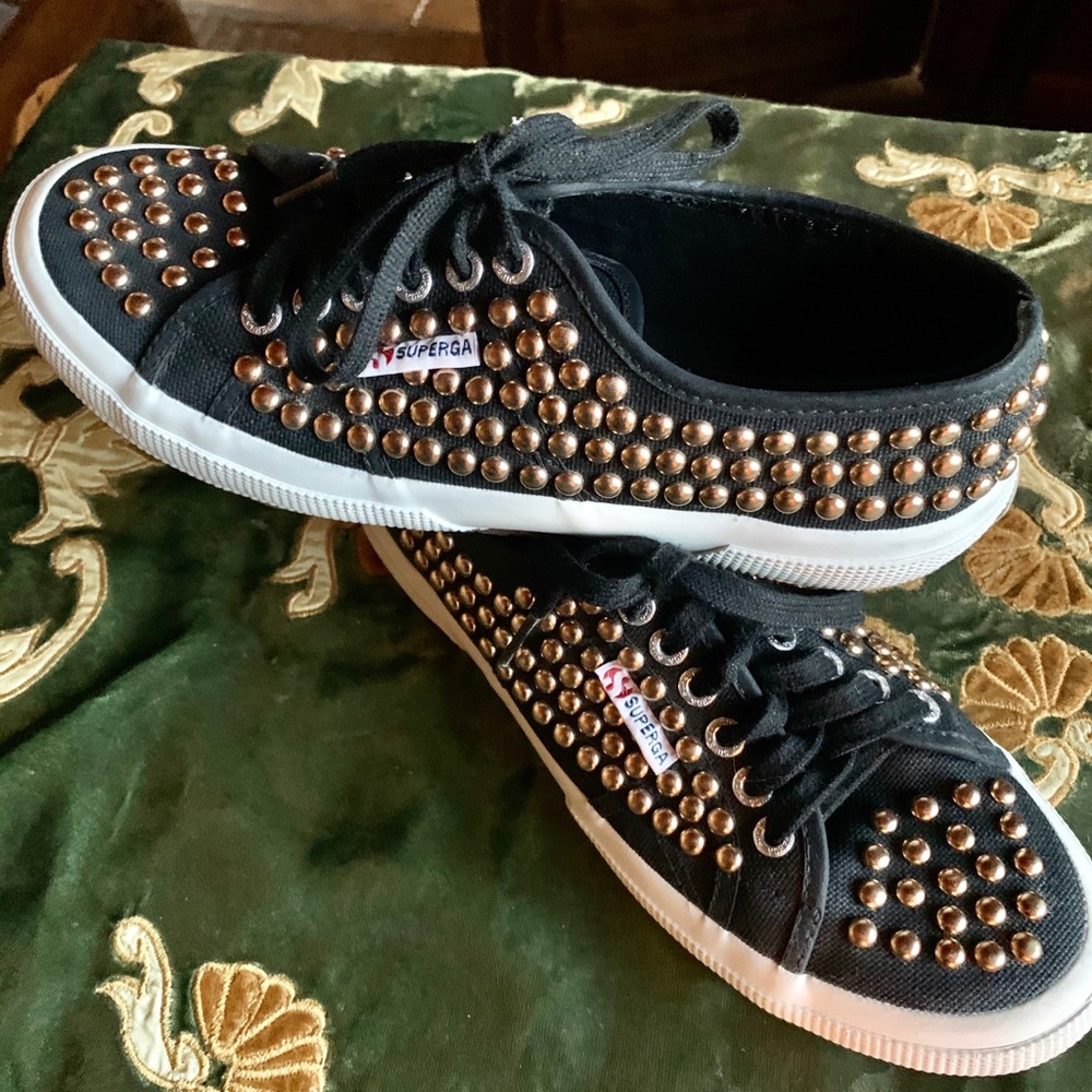 Superga Black Canvas Sneakers with Copper Studs